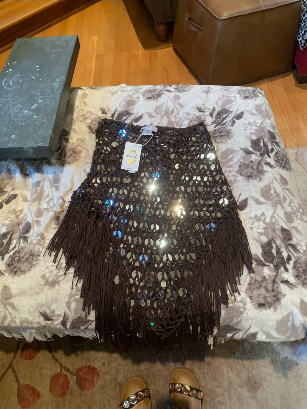 ViVI Brown Crochet Fringe Midi Skirt with Sequin Accents Small